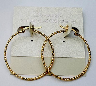 DaneCraft 24KT Gold Over 925 Sterling Silver D/Cut Nugget Hoop Pierced Earrings