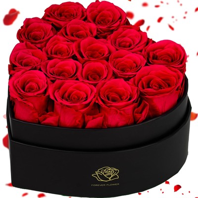 16-Piece Forever Flowers Heart-Shaped Box   Real Immortal Preserved Roses Las...