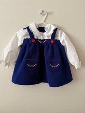 Tiny Tots Original Vintage Baby Dress 12M Navy Jumper Heart Embroidered Pockets