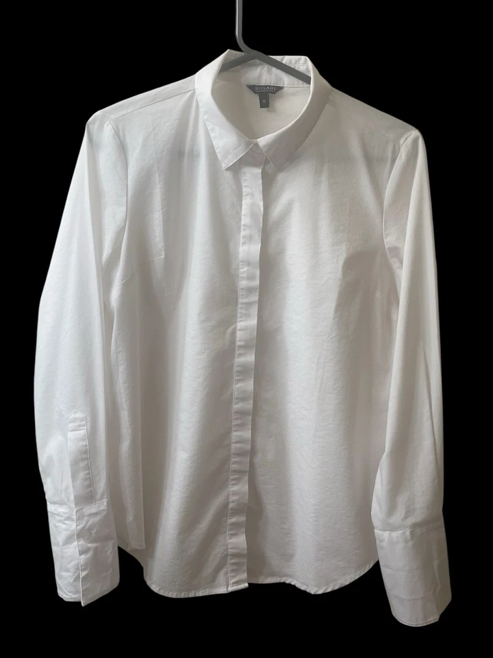 Bogari Top 女式 M 码白色长袖纽扣束腰经典办公室二手状况完好 — 第 3/4 张图片