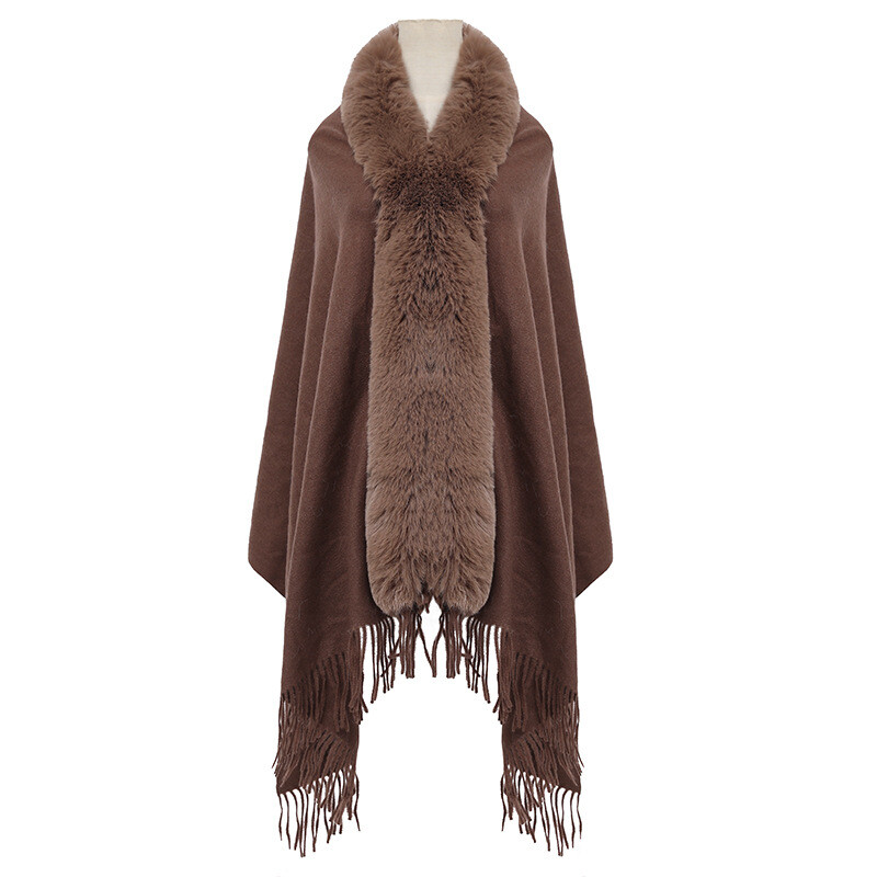 Faux Fur Patchwork Winter Elegant Cape With Fringe For Women Brown Warmth And Style
