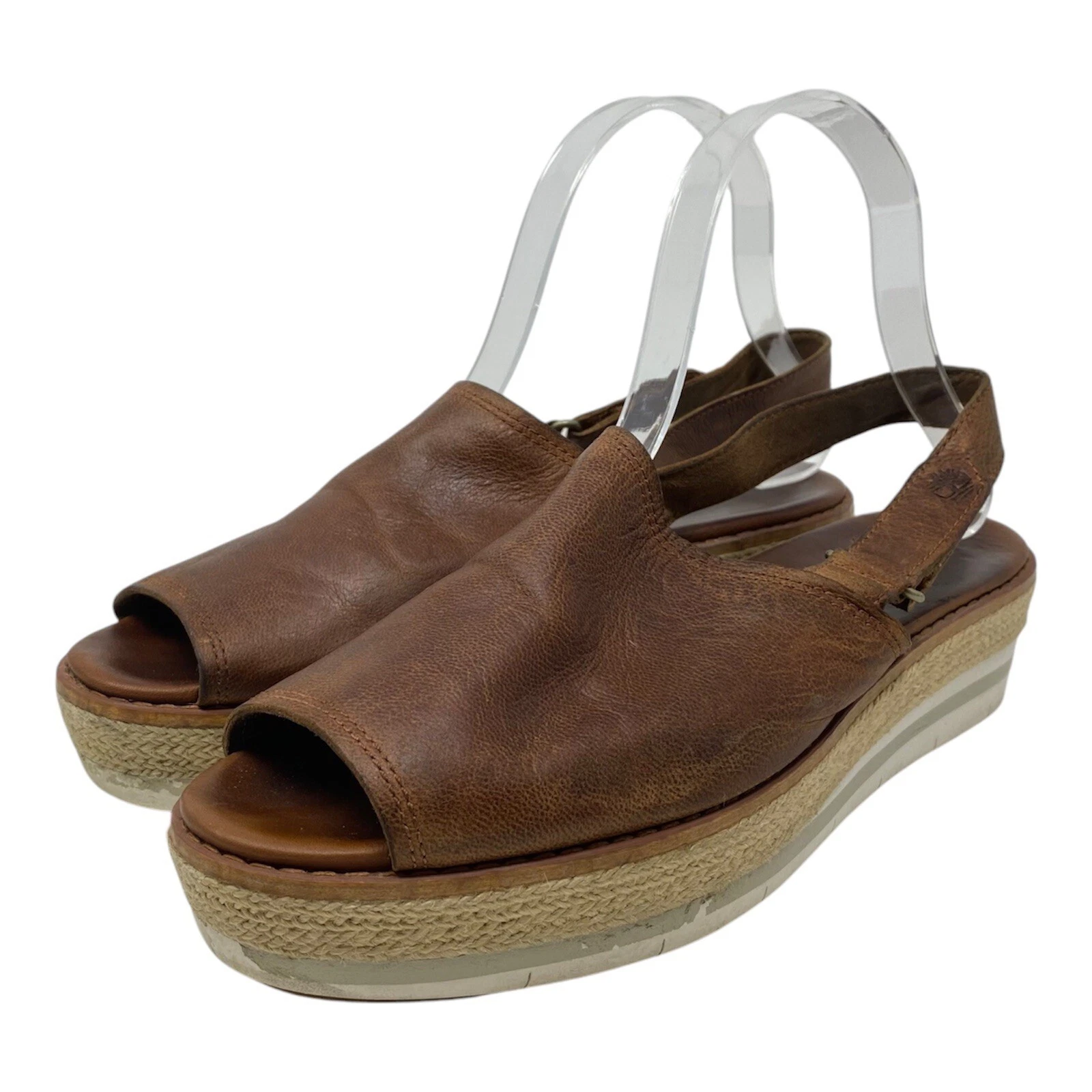 Timberland sandalo donna Emerson punta aperta plateau taglia 8 pelle marrone