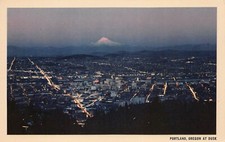 Portland OR Oregon Willamette River Downtown 1950s Dusk Twilight Vtg Postcard Q7