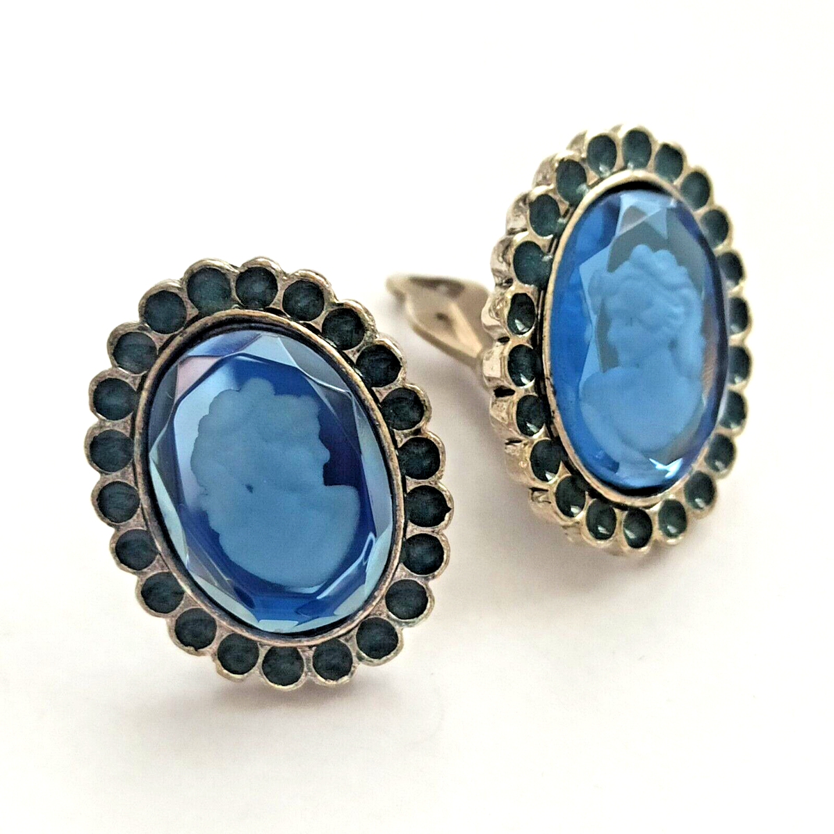 Vintage Cameo Clip Earrings Blue Reversed Carved Enamel Victorian