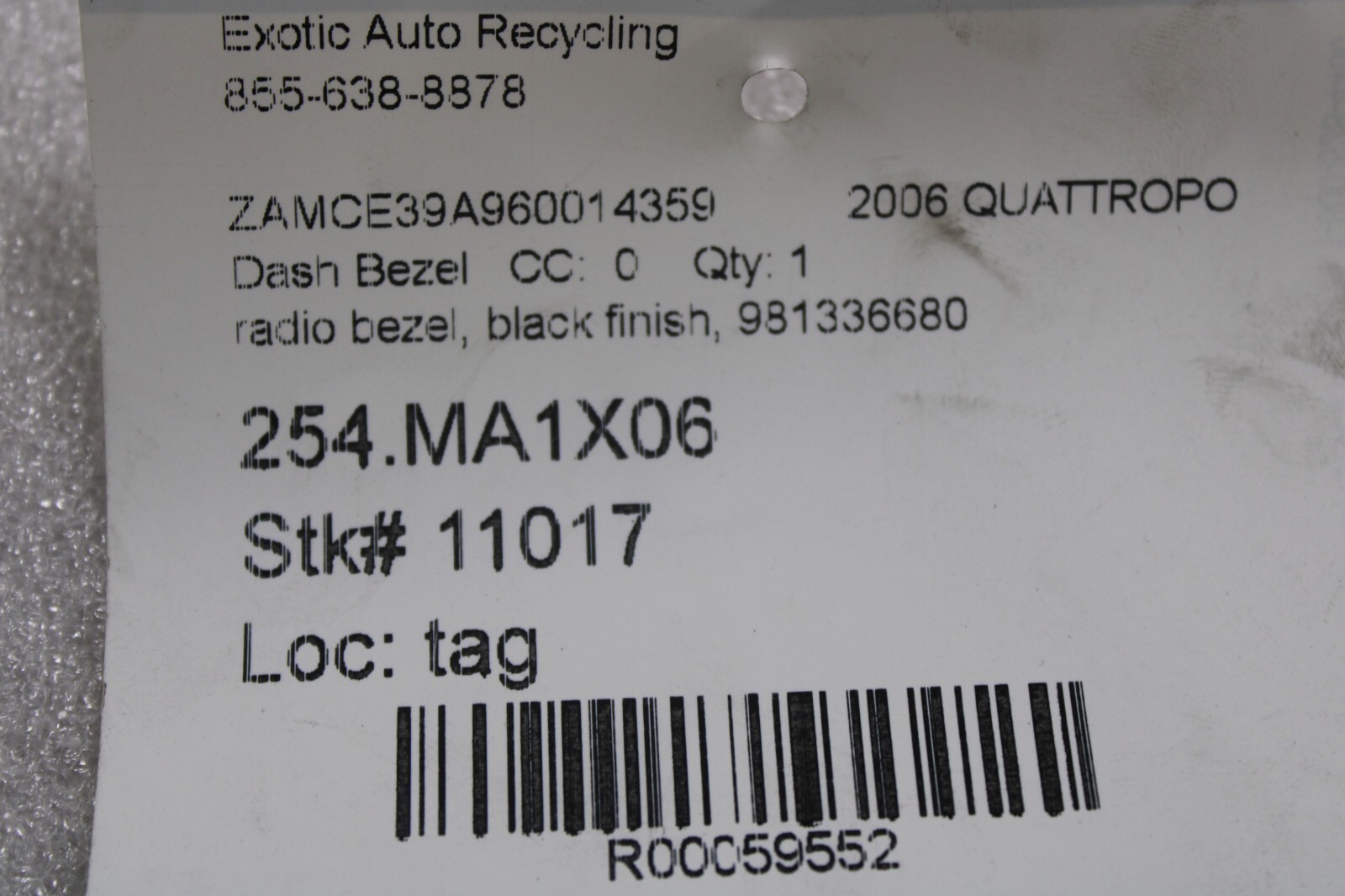 Maserati Quattroporte, Dash Radio Bezel, Black, Scratched, Used, P/N 981336680