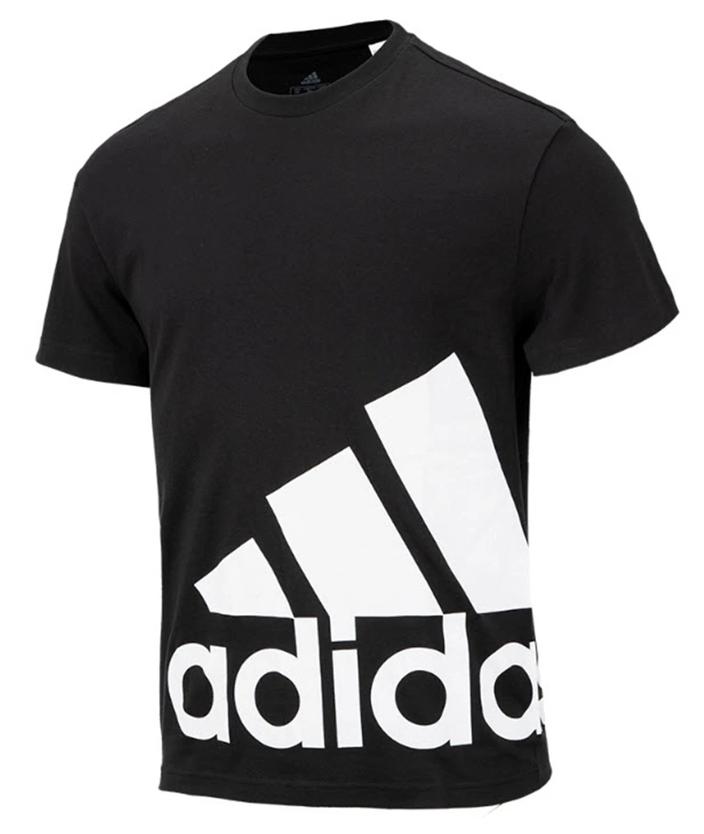 Adidas Men Giant Logo Shirts Training Black T Shirt Run Casual Tee Jersey HE1830