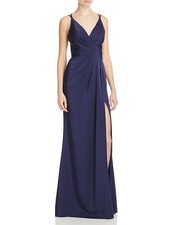 $480 Faviana Couture Women's Blue Satin Ruched Side-Slit V-Neck Dress Size 0