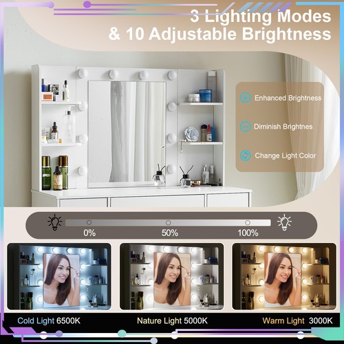 Modern Dresser Desk with 7 Drawers and Shelves 10 LED Lighted Mirror UK - Picture 8 of 9