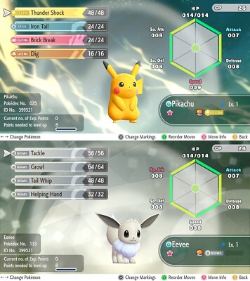 MALE Shiny Pikachu Eevee Bundle 0AV 6IV Level Starter Pokemon Let's Go  LGPE UK