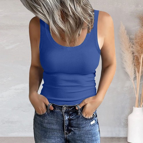 Women's Scoop Neck Sleeveless Knit Ribbed Fitted Casual Crop Tank Top - Picture 28 of 48
