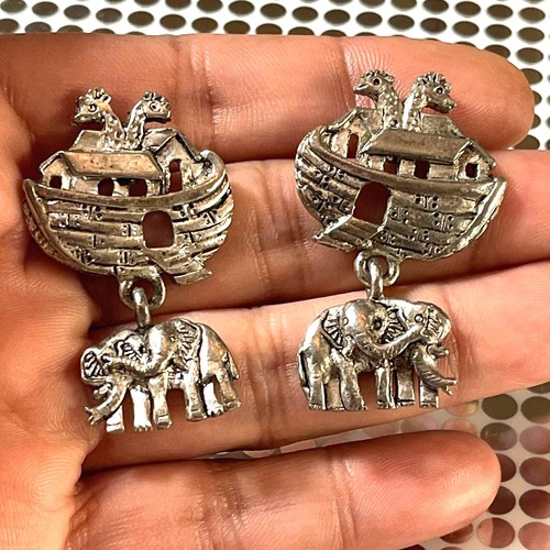 Vintage Silver Tone Noah’s Arc Dangle Earrings Marked 1995 GB B#12