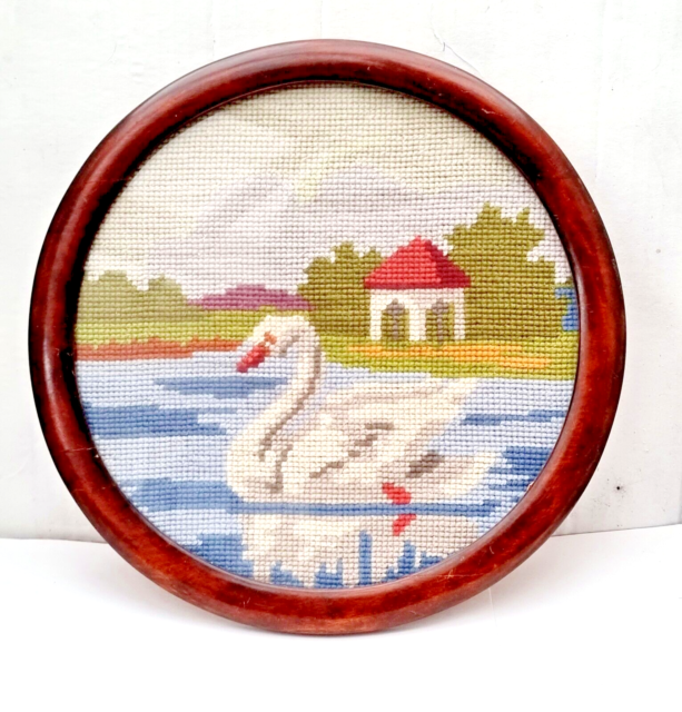 Framed Handmade 1935 Cross Stitch Picture of a Swan Scandinavian Folk Art