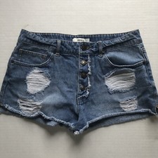 Forever 21 Distressed Blue Jean Button Fly Shorts Sz 27 A1058