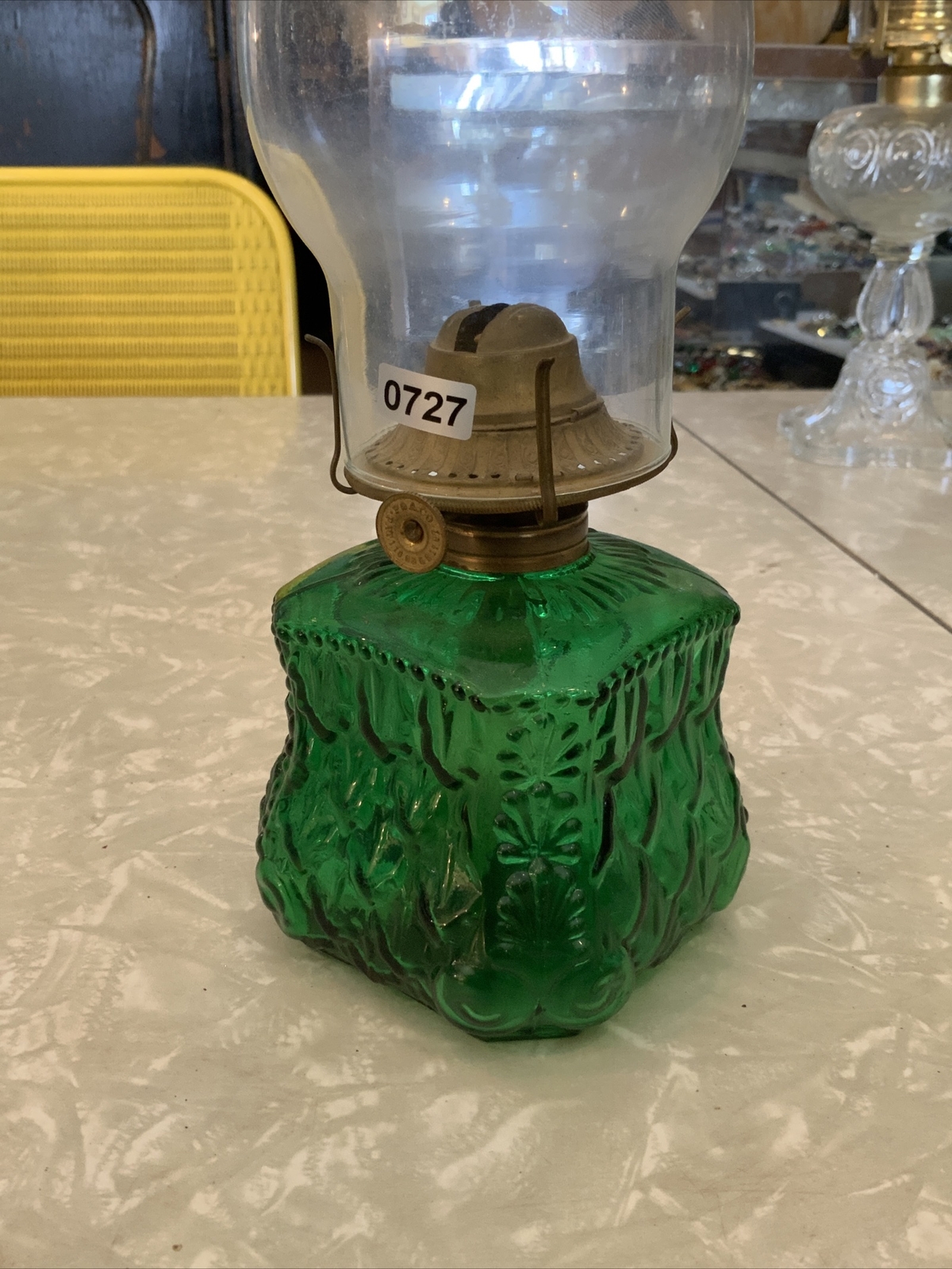 VINTAGE GLASS PEDESTAL OIL LAMP W/ CHIMNEY Green Font eBay