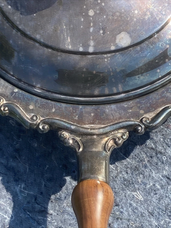 Rogers Silver Plate Warming Chafing Dish Wood Handle Large 13" Diameter Scrolls - Image 3 of 4