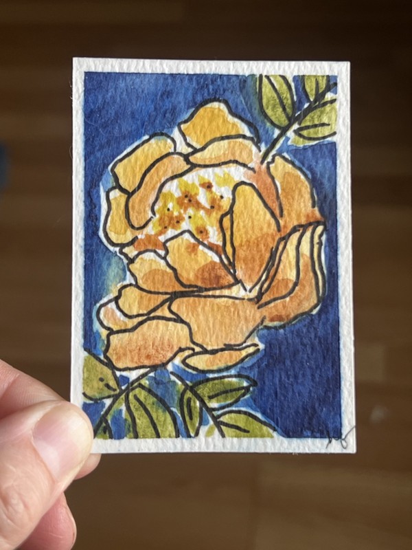 ACEO - Abstract Yellow Flower watercolor and black pen OOAK Signed/Dated
