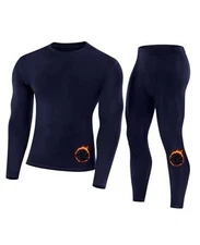  Mens Thermal Underwear Set Fleece Lined Long Johns Base Layer Large Navy Blue