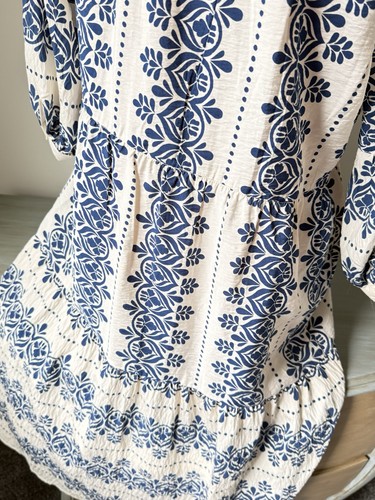Vestido Anthropologie Figura + Flor Boho Campesino 3/4 Pequeño PL L Floral Azul Muumuu - Imagen 5 de 10