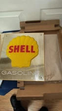 NOS VINTAGE SHELL OIL EMBOSSED GASOLINE PUMP PLATE SIGN SET (2)  ORIGINAL BOX