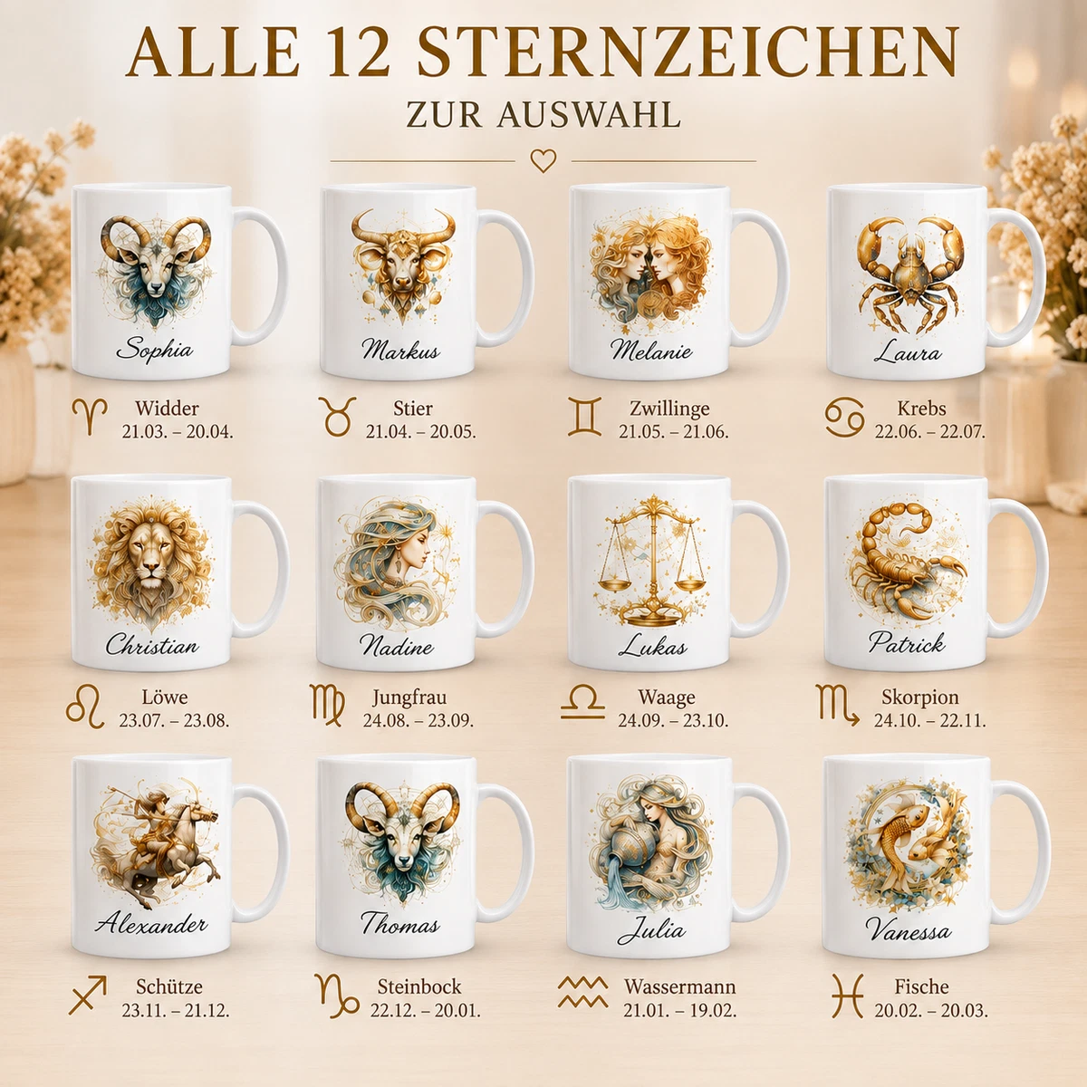 Personalisierte Sternzeichen Tasse mit Namen – Geburtstagsgeschenk Horoskop