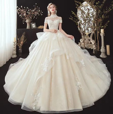 High Neck Short Sleeve Beading Appliques Lace Princess Ball Gown Wedding Dresses