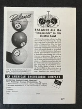 1942 American Engineering Company Electric Hoist Billiard Balls Vintage Print Ad