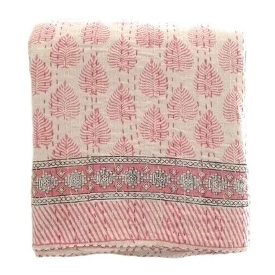 Pink Kantha Quilt Hand Block Art Indian Cotton Bedspread Handmade  Throw Blanket