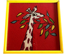 Vintage Framed Needlepoint Giraffe Eating Leaves Yellow Colorful Red Blue Green