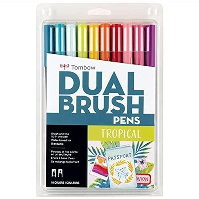 56189 Dual Brush Pen Art Markers Tropical 10-Pack. Blendable Brush and Fine T...