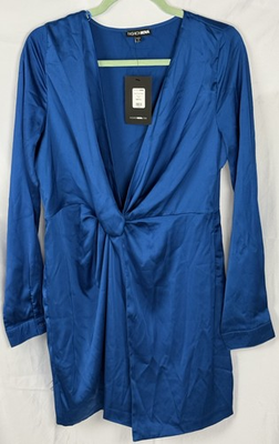 #ad NWT Fashion Nova Sugar Free Blue Satin Mini Dress Long Sleeve V Neck Twist XL $25.00
