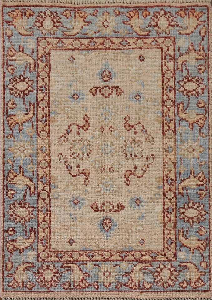 Hand Knotted Oushak Area Rug Blue Beige Rust Vintage Turkish Wool Carpet