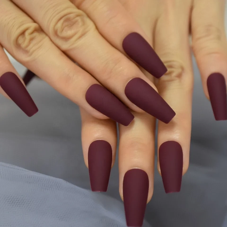 24 New Matte Burgundy Coffin Press on nails kit glue goth mulberry