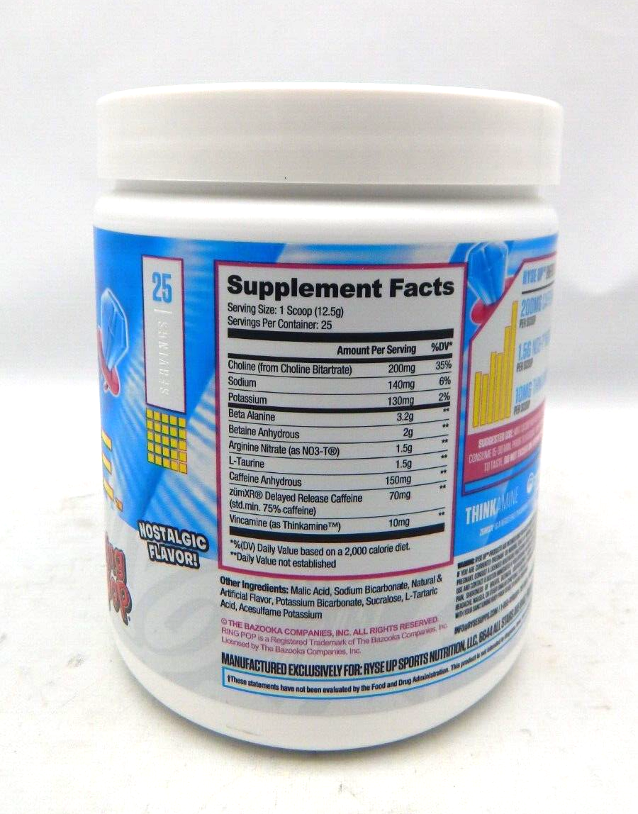 RYSE PreWorkout Powder 25 Servings Blue Raspberry Ring Pop 11 oz 06/