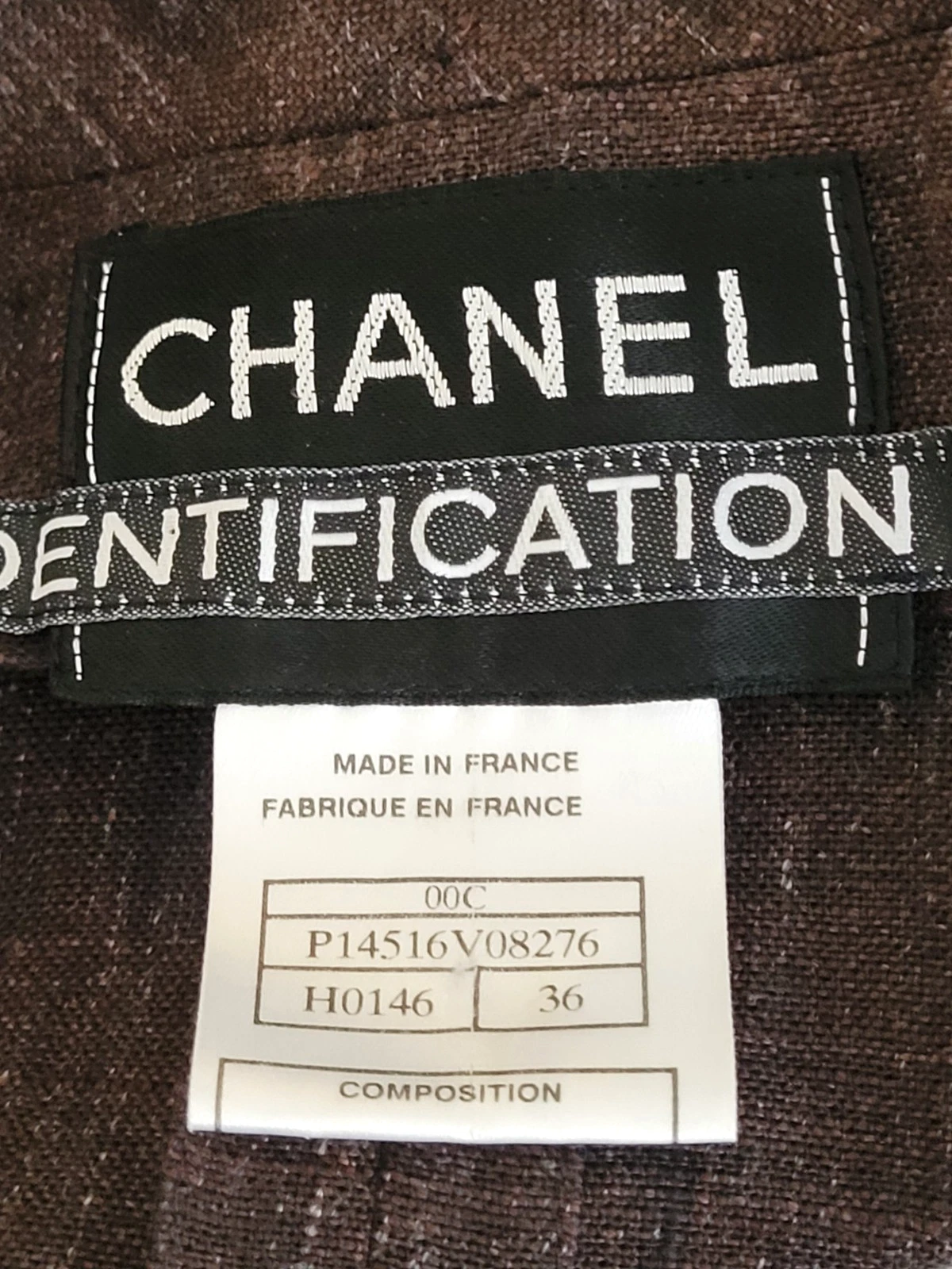 AUTENTICA TUTA LINO MARRONE CHANEL 2000 GIACCA CROPPED PANTALONI GAMBA LARGA LOGO BOTTONI 36
