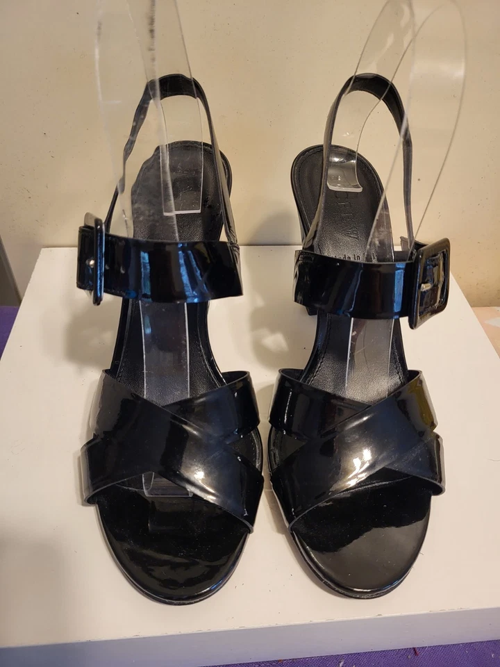 J. Crew "Sydney" Black Patent Leather Strappy Block Heel Sandals Sz.7.5 $178 Foto 2 de 4
