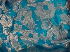 Large Turquoise Silver Flowers - Faux Silk Brocade Jacquard Fabric