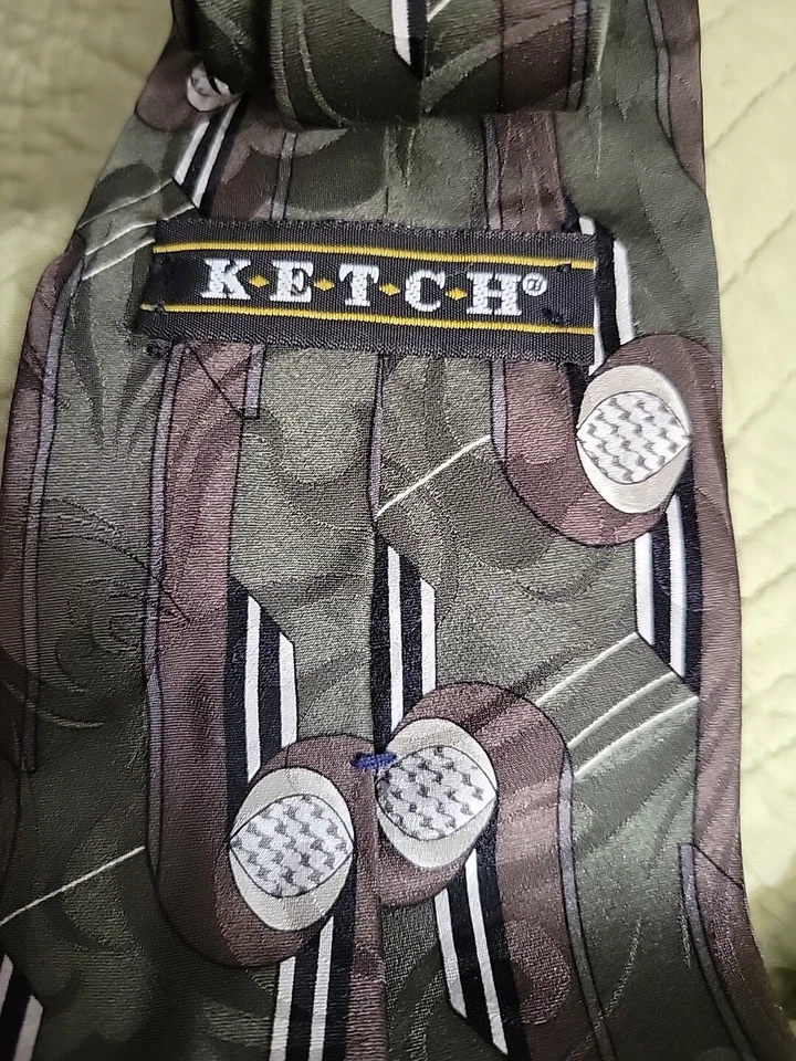 Corbata Ketch Seda Verde Oliva Marrón Negro Gris Geométrica 4x58 Columpio Casino ROCKABILLY Foto 4 de 4