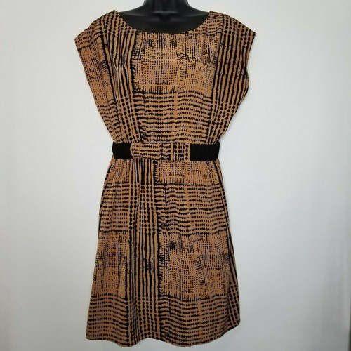 Ya Los Angles Womens Dress Sz Lg Tribal Print Brown Bk Open Back Shirred Waist