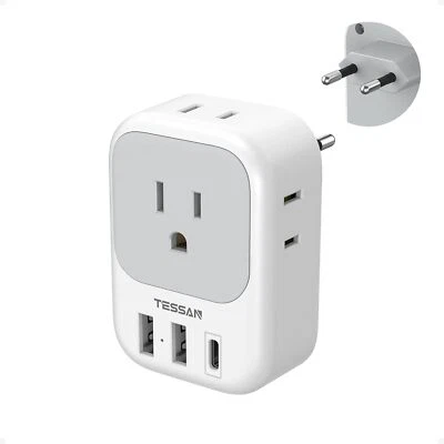 TESSAN European Travel Plug Adapter with 4 AC Outlets 3 USB Ports Type C for US to EU