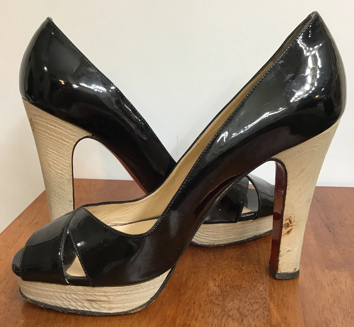louboutin Open Toe Pump Black Patent Wood Wedge And Heel Size 39