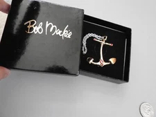 vintage BOB MACKIE ANCHOR pin brooch red stones on goldtone with silver chain