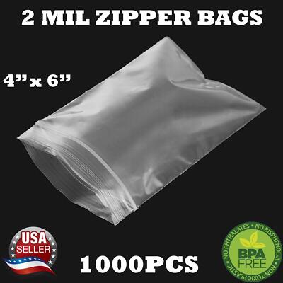 1000 - 4'' x 6'' ZIP SEAL TOP LOCK BAGS CLEAR 2 MIL PLASTIC RECLOSABLE BAGGIES