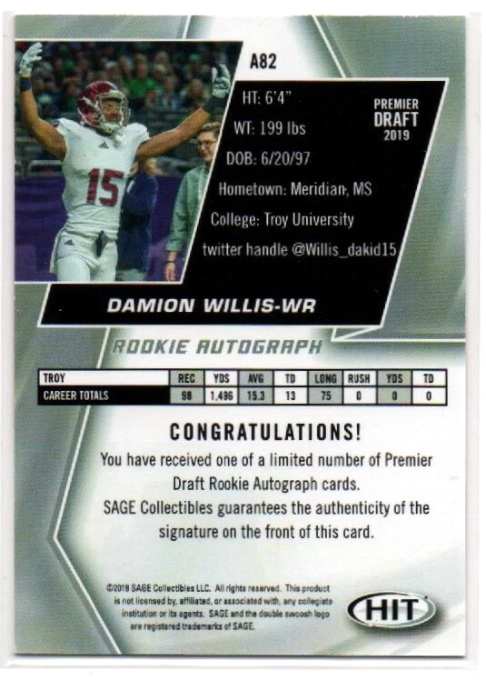 2019 Sage Hit Premier Draft Damion Willis #A82 Rookie Auto - Image 3 of 4