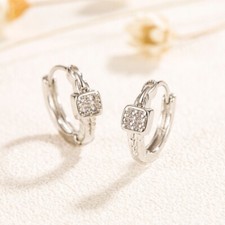 Shiny 925 Sterling Silver CZ Gem Square Chain Hoop Circle Huggie Earrings Gift