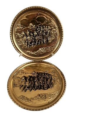 Vintage Brass Decorative Wall Plates With Horse-Drawn Carriage Design Set Of 2