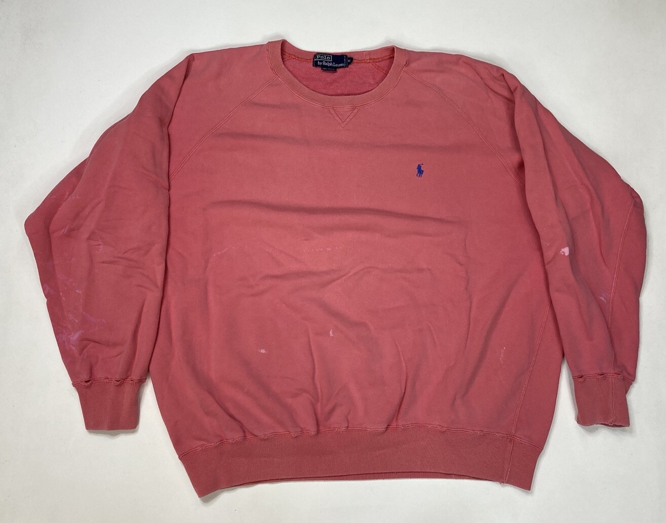 VINTAGE Polo Ralph Lauren felpa uomo XL rosa salmone pony blu invecchiato anni 90
