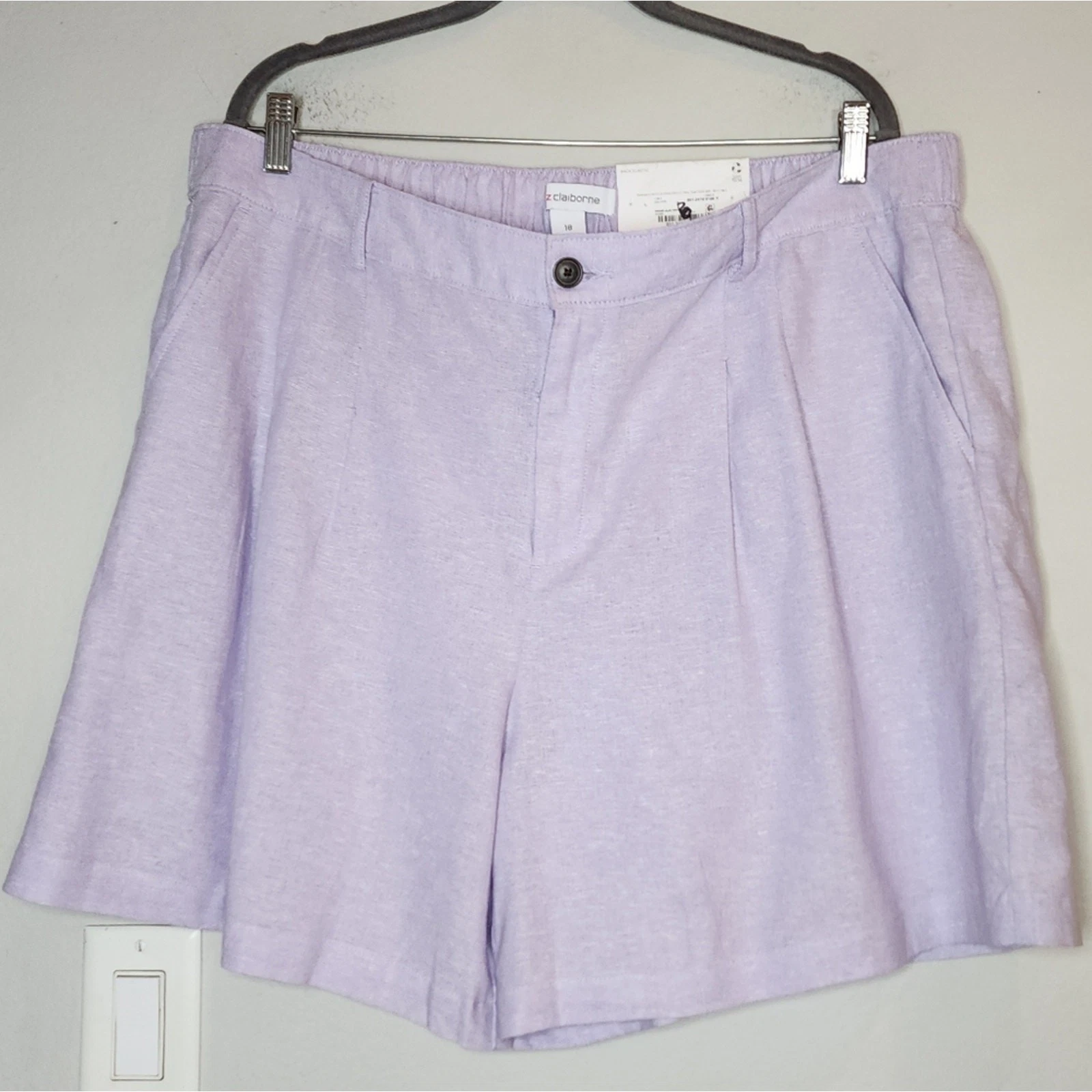 NWT Liz Claiborne Size 18 Linen-Blend Purple Pleated Shorts Stretch Waist