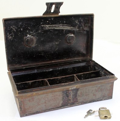 Vintage Tin Metal Petty Cash Box ~ Rustic Lockable Storage with Padlock & Key