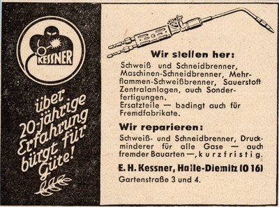 51/985 ANZEIGE AUS ZEITUNG 1951 SCHNEIDBRENNER E.H. KESSNER HALLE DIEMITZ
