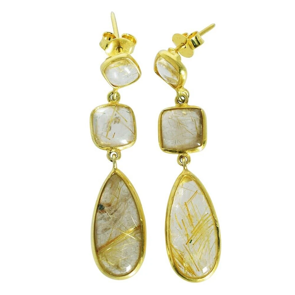 Orecchini pendenti goccia pietra preziosa quarzo rutilato dorato argento... - Immagine 4 di 4